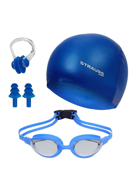 STRAUSS Pack of 4 Anti-Fog Swimming Goggles Set With UV and Cap