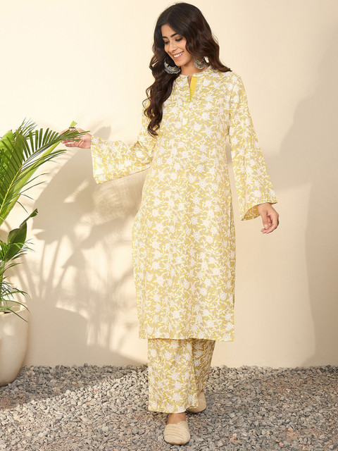 Madhuni Floral Printed Mandarin Collar Flared Sleeves Straight Kurta with Palazzos