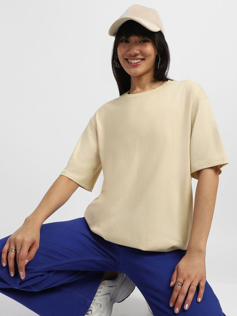 JUNEBERRY Women Beige Solid Round Neck Relaxed Fit Pure Cotton Oversized Plus Size T-Shirt