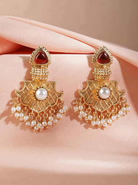 Rubans 22K Gold Plated Ruby & Pearl Studded & Beaded Handcrafted Traditional Chandbali