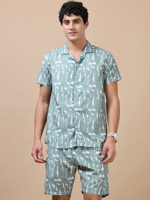Bushirt Men Abstract Printed Night suit