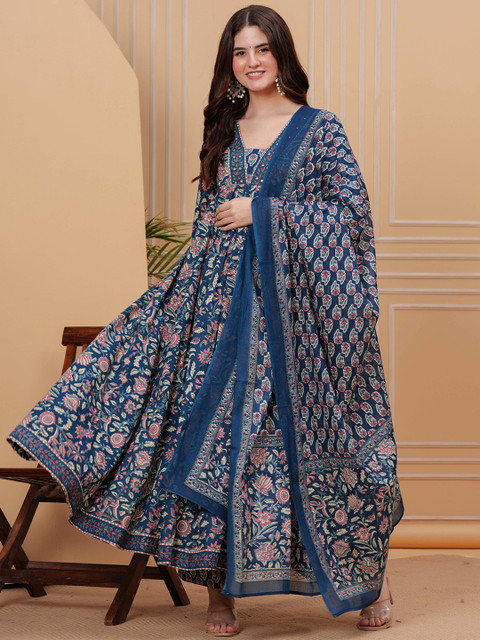 Mizaz Floral Printed Empire Style Pure Cotton Anarkali Kurta With Trousers & Dupatta