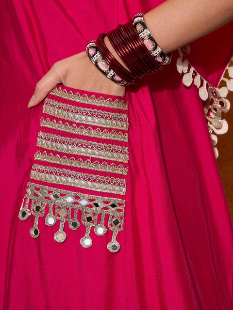 Sangria Embroidered V-Neck Mirror work Kaftan With Trousers - Image 7