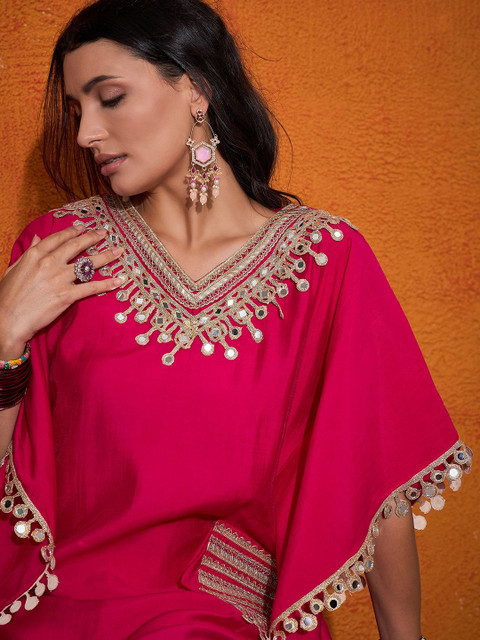 Sangria Embroidered V-Neck Mirror work Kaftan With Trousers - Image 2