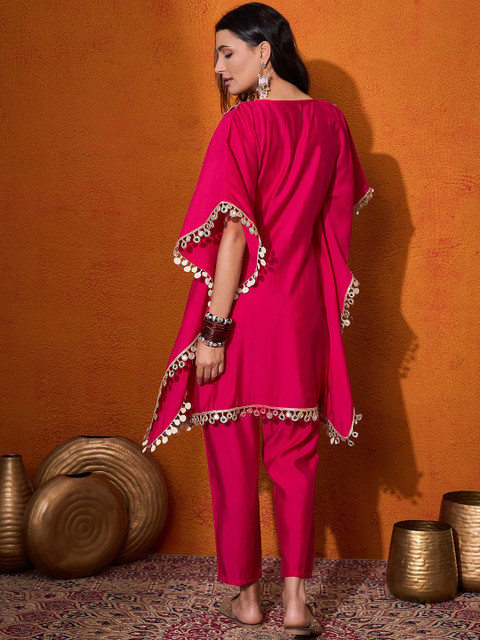 Sangria Embroidered V-Neck Mirror work Kaftan With Trousers - Image 4