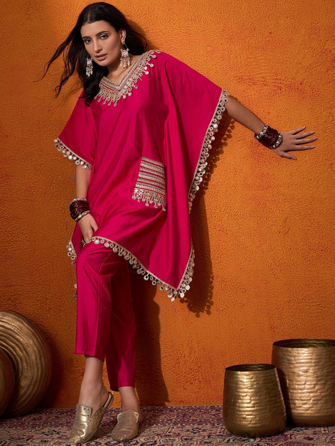 Sangria Embroidered V-Neck Mirror work Kaftan With Trousers - Image 5