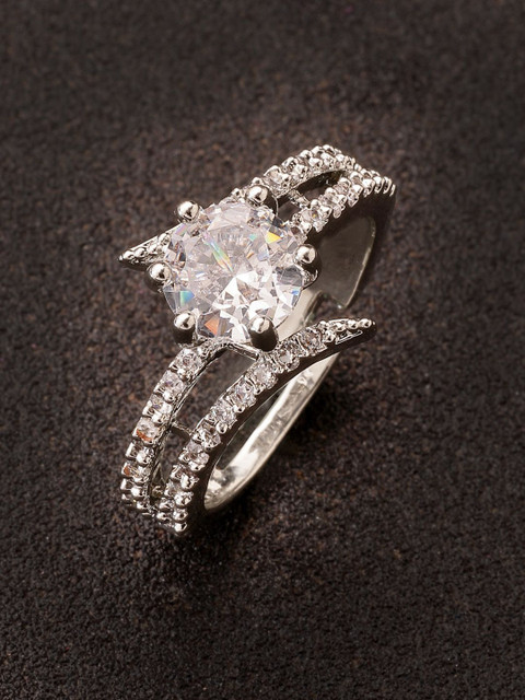 ADIVA Silver Plated American Diamond Studded Finger Ring