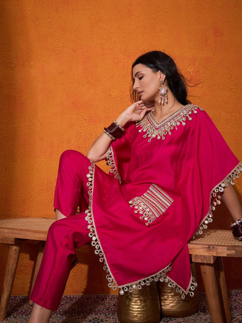 Sangria Embroidered V-Neck Mirror work Kaftan With Trousers - Image 6