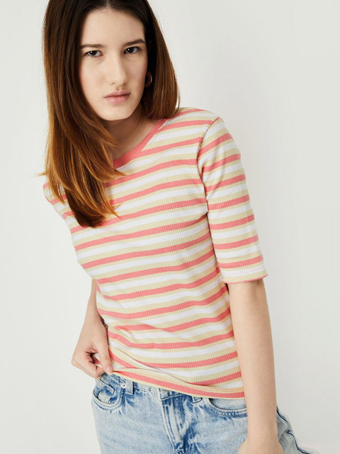 max Women Striped Round Neck Cotton T-shirt