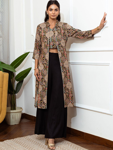 Claura 3 Pieces Black Floral Printed V-Neck Top with Shrug & Trousers Co-Ord Set