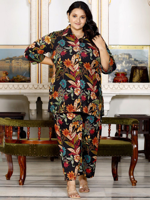 KALINI Plus Size Floral Printed Pure Cotton Shirt & Trousers