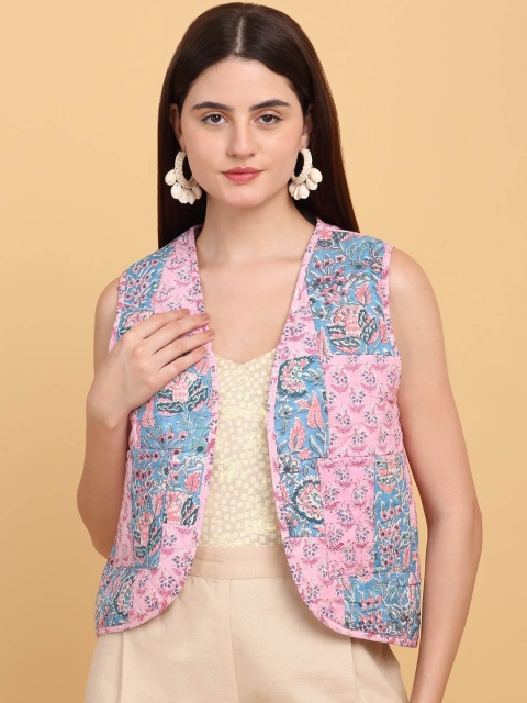 SiaVira Women Floral Open Front Jacket with Patchwork