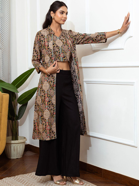 Claura 3 Pieces Black Floral Printed V-Neck Top with Shrug & Trousers Co-Ord Set - Image 3