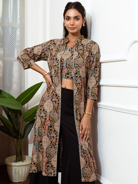 Claura 3 Pieces Black Floral Printed V-Neck Top with Shrug & Trousers Co-Ord Set - Image 2