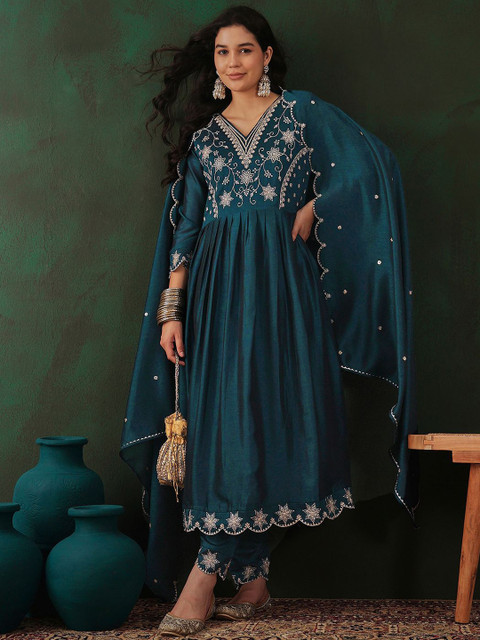 Sangria Teal Floral Embroidered V-Neck Tread Work Anarkali Kurta & Trouser With Dupatta