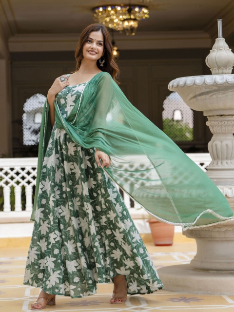 Anouk Floral Printed Sleeveless Cotton Anarkali Kurta With Duppatta