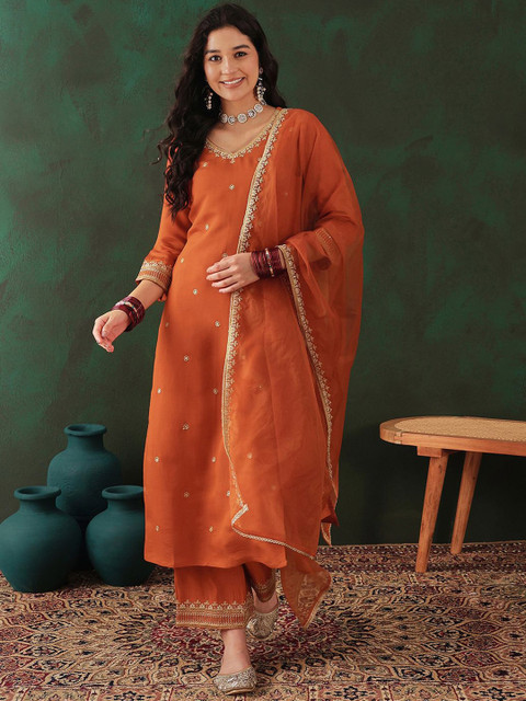 Sangria Floral Embroidered Zari Straight Kurta & Trouser With Dupatta