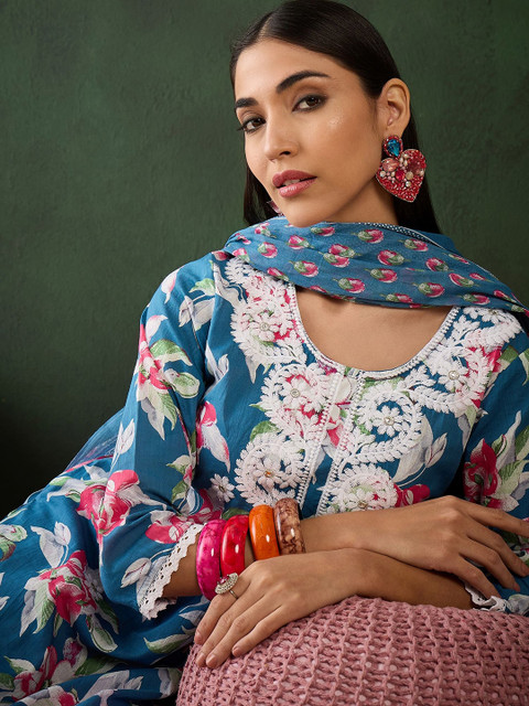 Sangria Floral Embroidered Pure Cotton Straight Kurta With Trouser & Dupatta