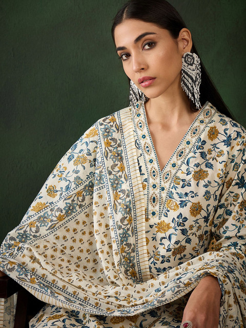 Sangria Floral Printed Thread Work Pure Cotton Kurta with Trousers & Dupatta