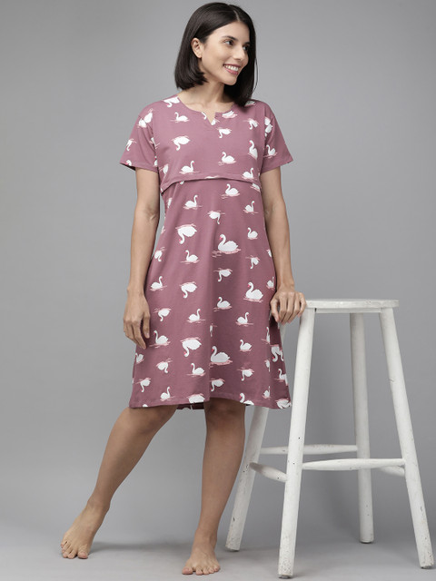 Zeyo Mauve & White Printed Cotton Maternity & Feeding Nightdress