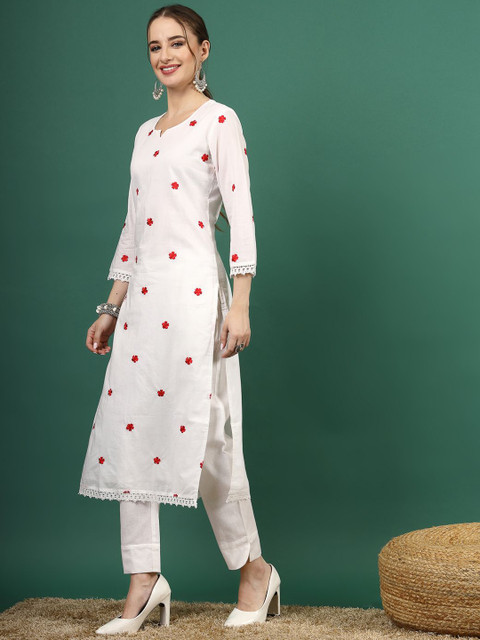 Sangria Floral Embroidered Thread Work Pure Cotton Straight Kurta - Image 3