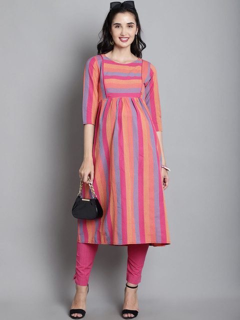 Moms Maternity Striped Organic Cotton Anarkali Kurta