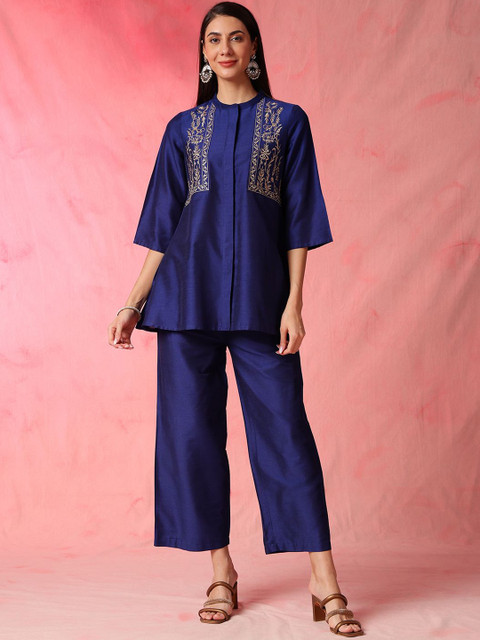 Anouk Blue Embroidered Mandarin Collar Top With Palazzos