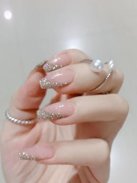 The Pink Truck 24 Pcs Luxurious Glitter Design Artificial Reusable Nails With Glue -Golden