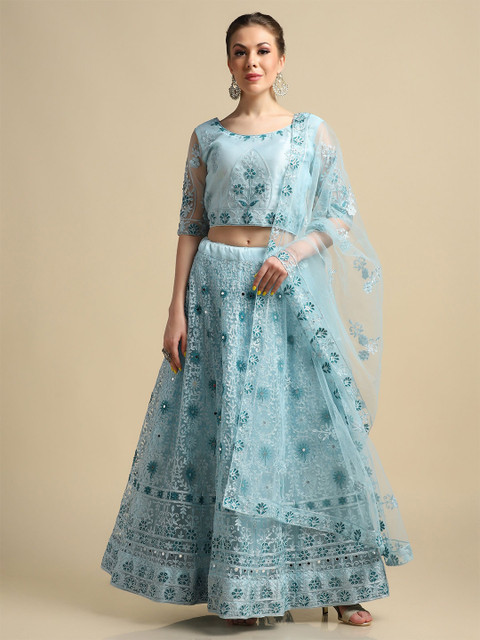 KALINI Embroidered Net Semi Stitched Lehenga & Unstitched Blouse With Dupatta