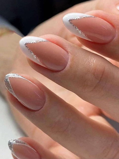 The Pink Truck 24 Pcs Glitter Manicure Design Artificial Reusable Nails With Glue - Silver