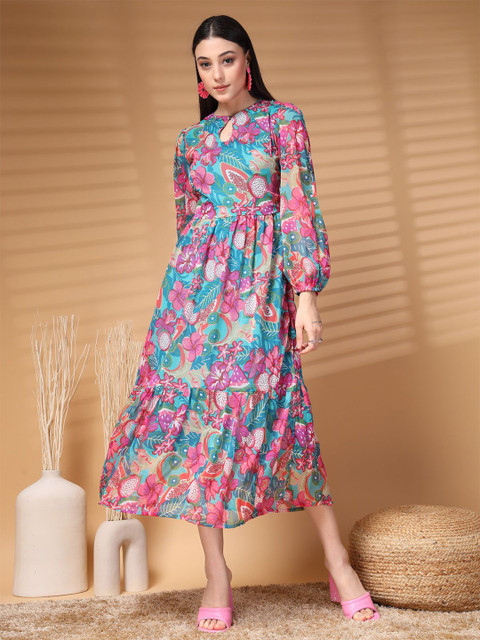 plusS Floral Print Puff Sleeve A-Line Midi Dress