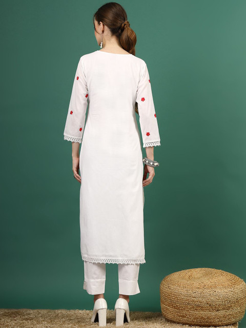 Sangria Floral Embroidered Thread Work Pure Cotton Straight Kurta - Image 4