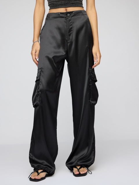 FREAKINS Women Straight Fit High-Rise Satin Cargo Trousers