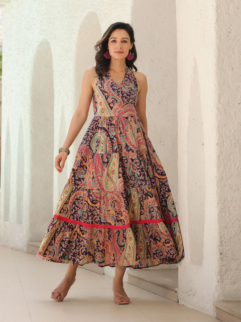 Rain & Rainbow Paisley Printed Pure Cotton Fit & Flare Midi Ethnic Dress