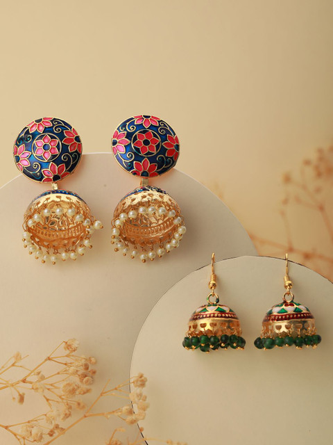 Anouk Set Of 2 Gold Plated Dome Shaped Artificial Beads Studded Meenakari Jhumkas