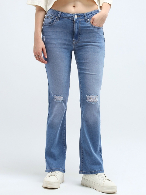 Flying Machine Women Bootcut Mid-Rise Mildly Distressed Light Fade Stretchable Jeans