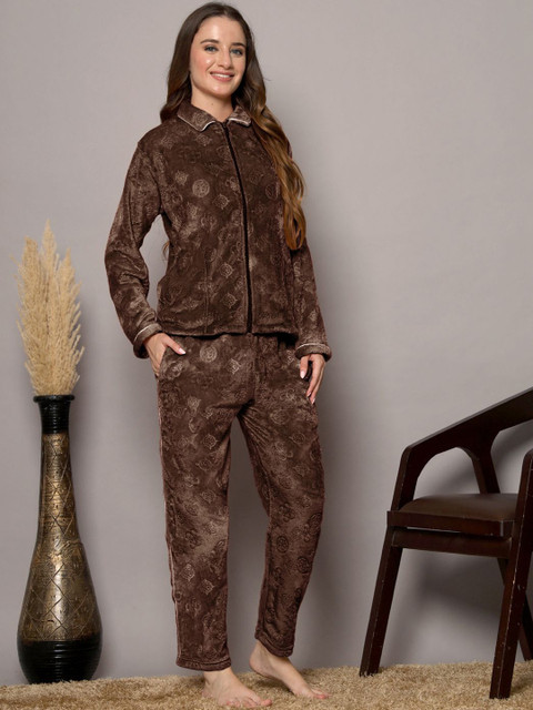 FABINALIV Geometric Embossed Zip Closure Winter Night Suit