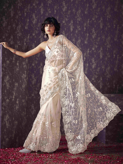 Tikhi Imli Floral Sequinned Embroidered Net Saree With Scalloped Border