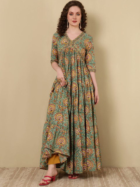 GLAM ROOTS Floral Printed V-Neck Anarkali Kurta