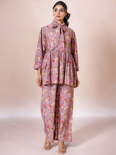 ARAVALII Floral Printed Tie Up Neck Top With Palazzo - Image 5