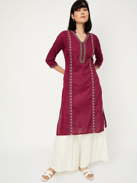 max Floral Embroidered Mandarin Collar Cotton Straight Kurta