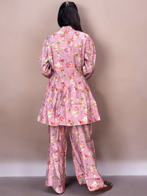ARAVALII Floral Printed Tie Up Neck Top With Palazzo - Image 4