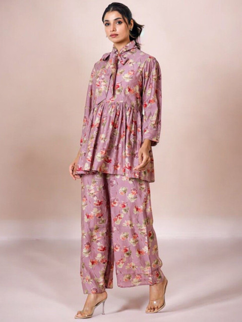 ARAVALII Floral Printed Tie Up Neck Top With Palazzo - Image 3