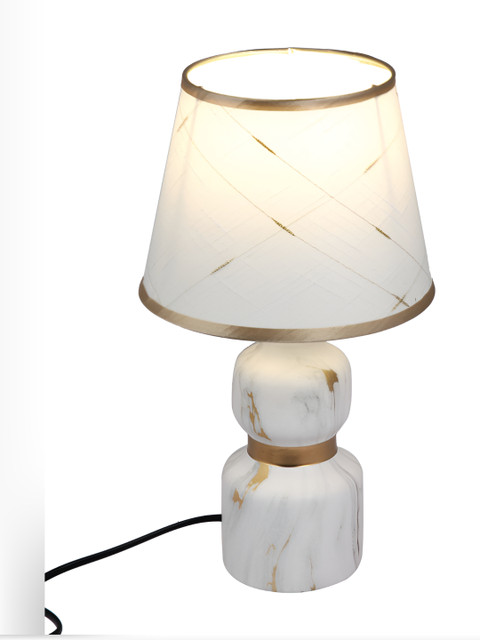 TAYHAA White & Gold-toned Printed Ceramic Contemporary Frusturical Shaped Table Lamp - Image 4