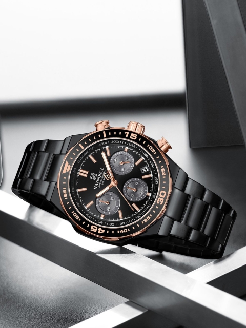 Naviforce Men Brass Embellished Dial & Leather Bracelet Style Straps Analogue Chronograph Watch NF8049 BRGB - Image 5