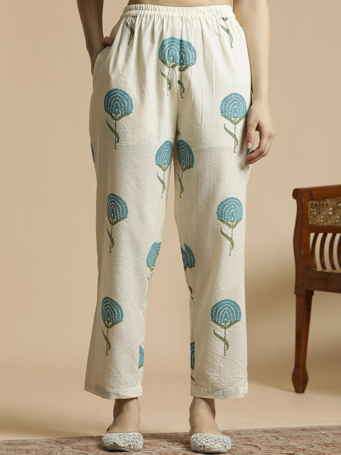 Anouk Off-White & Blue Printed Notch Neck Schiffli Work Cotton A-Line Kurta & Trouser - Image 7