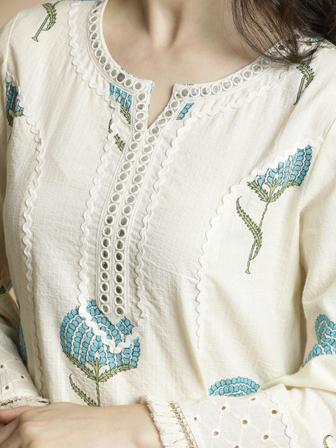 Anouk Off-White & Blue Printed Notch Neck Schiffli Work Cotton A-Line Kurta & Trouser - Image 2