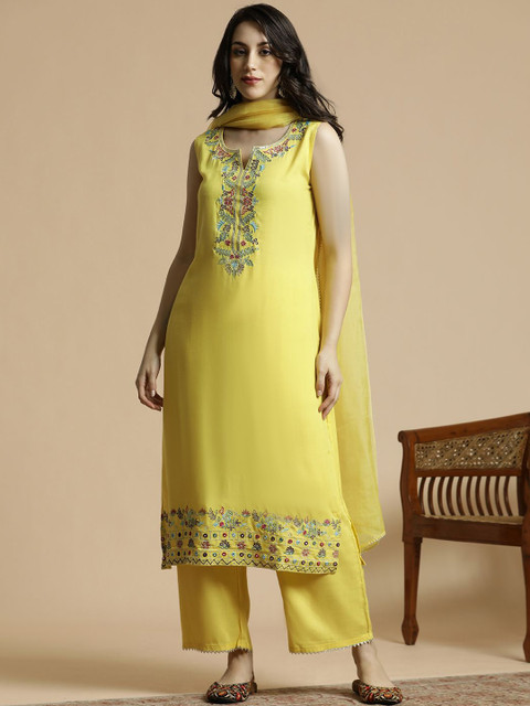 Anouk Floral Embroidered Notch-Neck Regular Straight Kurta with Palazzo