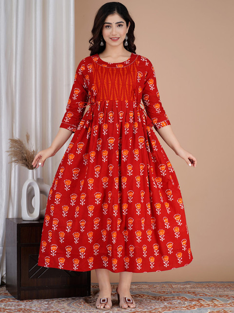 MURLI KURTI Ethnic Motifs Printed Round Neck Tie-Ups Maternity Maxi Ethnic Dress