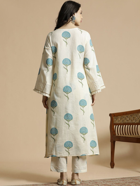 Anouk Off-White & Blue Printed Notch Neck Schiffli Work Cotton A-Line Kurta & Trouser - Image 4